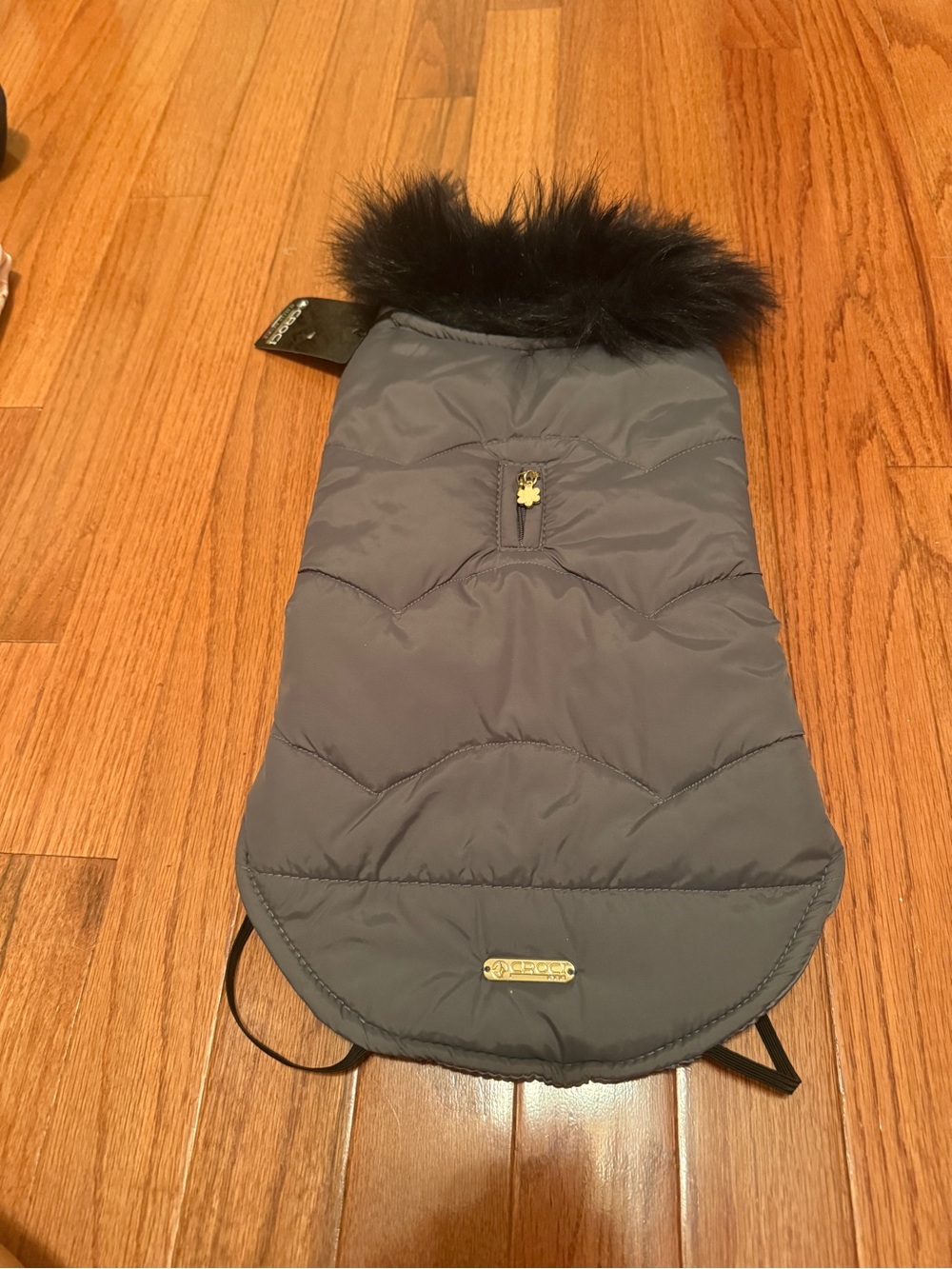 NWT CROCHI Puffer Dog Coat with Faux Fur Trim - Charcoal Gray